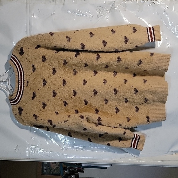 POL Heart Print Sweater Fuzzy Knit Crew Neck Long Sleeve Pullover Top Y2K Luxury - Picture 5 of 5